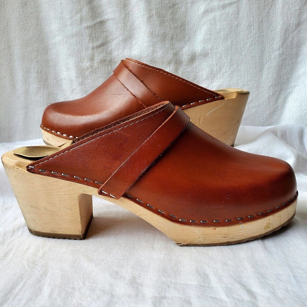 BJORK Women's Maja Wood Swedish Open Back Leather Clogs Brown Size EU 41/US 10
